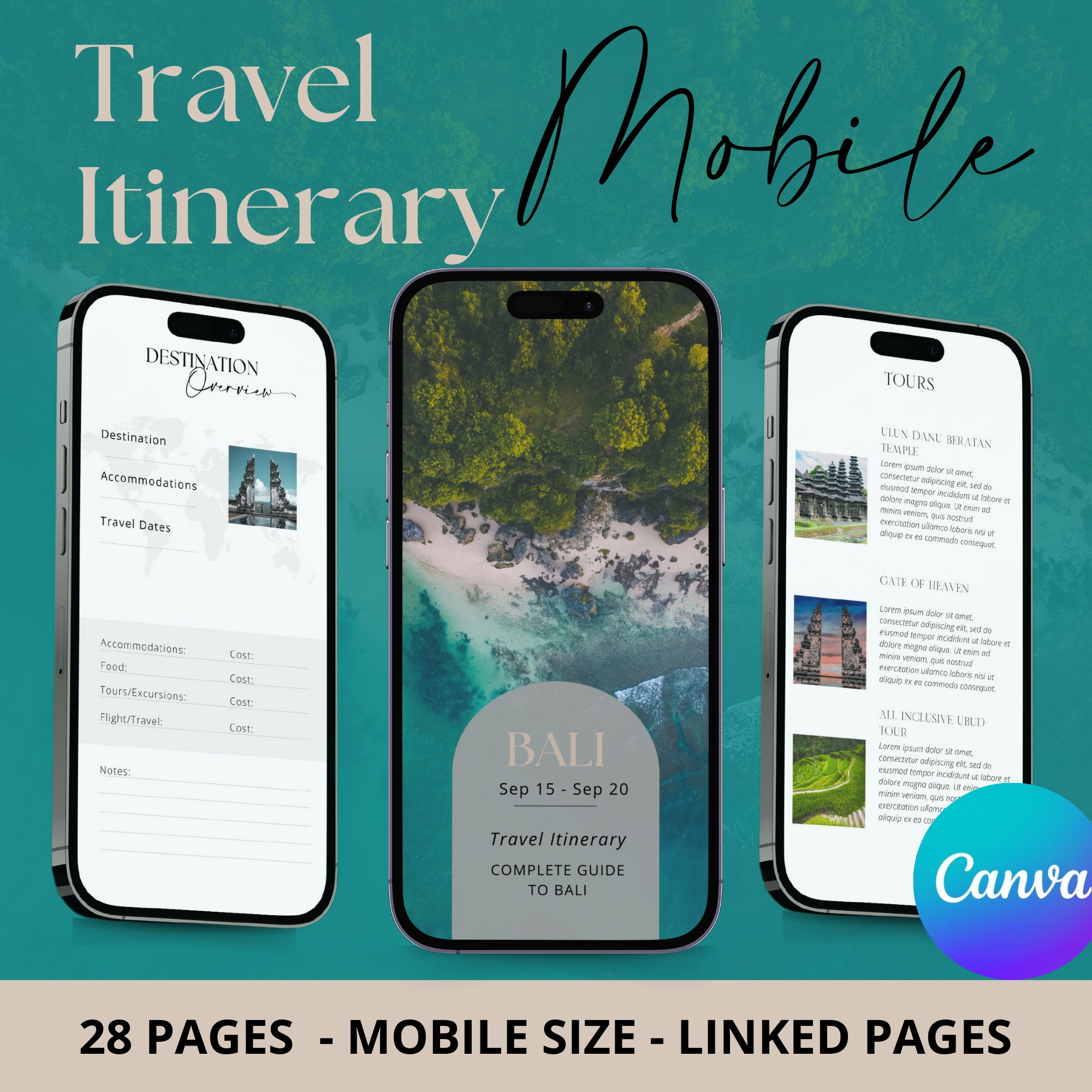 28 Page Travel Itinerary Template | Customizable Canva Mobile Itinerary ...