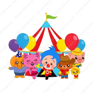 Può includere: Un'illustrazione colorata con un tendone da circo a strisce rosse e bianche e una bandiera verde. Diversi personaggi dei cartoni animati, tra cui un elefante, un gatto, un clown, un orso, un maiale e un pulcino, sono disposti davanti alla tenda, con palloncini.