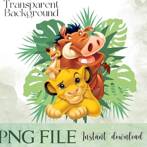 May include: A digital illustration of Simba, Pumbaa, and Timon from Disney's The Lion King. Simba is a yellow lion cub with a serious expression. Pumbaa is a brown warthog with a wide smile. Timon is a meerkat with a mischievous look on his face. The characters are surrounded by green tropical leaves.
