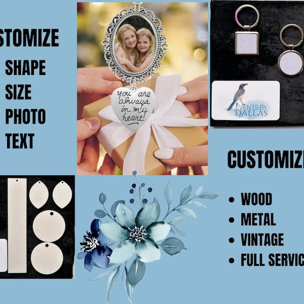 Wedding bouquet photo charm,  Bridal Party Gifts, Customize and personalize double sided, with text, photo, charm and style, wood metal DIY