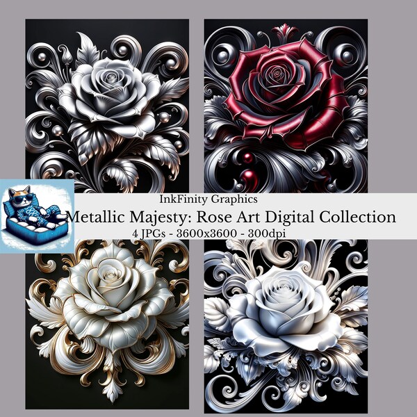 Metallic Majesty: Rose Art Digital Collection, Digital JPG Digital Download, Home Decor Wall Print, Vintage Framable Art, JPG Download