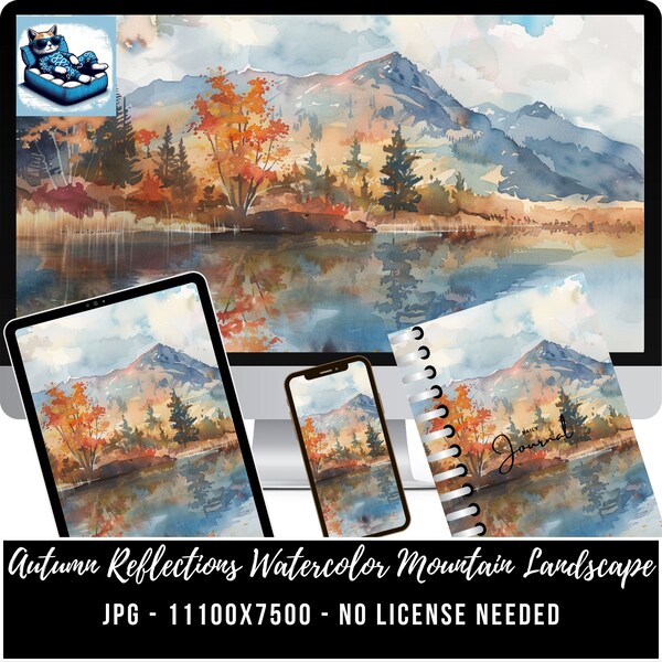 Autumn Reflections: Watercolor Mountain Landscape, JPG clipart Forest landscape JPG for Poster Home decor and invite Backgrounds, Framed Art