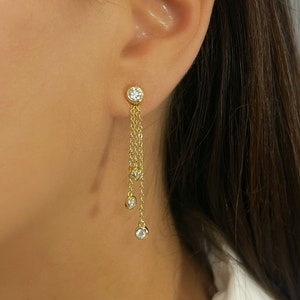 Moissanite Bezel Set Chain Drop Earrings
