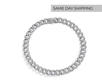 Cuban chain moissanite diamond bracelet, 18k gold plated chain bracelet. hip hop cuban bracelet, studded chain bracelet, thin cuban bracelet