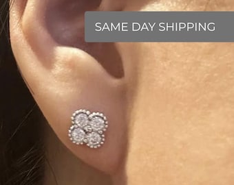 Moissanite Clover Stud Earrings. Four leaf earrings.