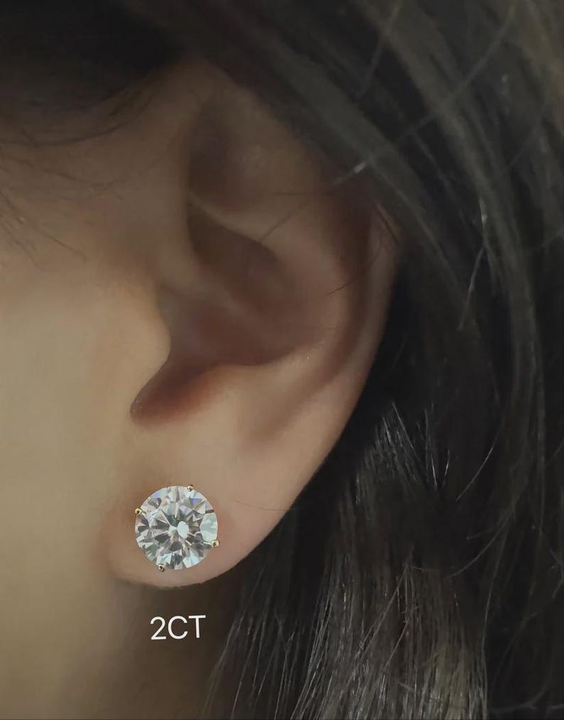 NEW AND IMPROVED. Moissanite Solitaire Stud Earrings that lay flat on the ear. Martini setting moissanite round studs image 2