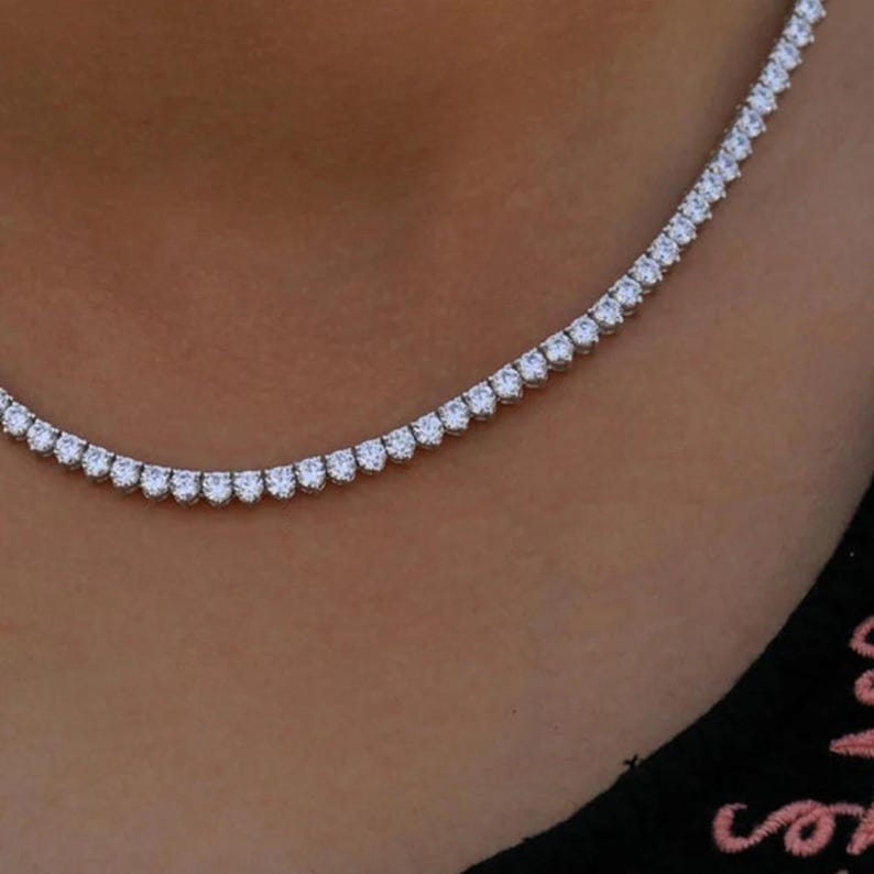 Three Prong Moissanite Tennis Necklace, Diamond Tennis Necklace