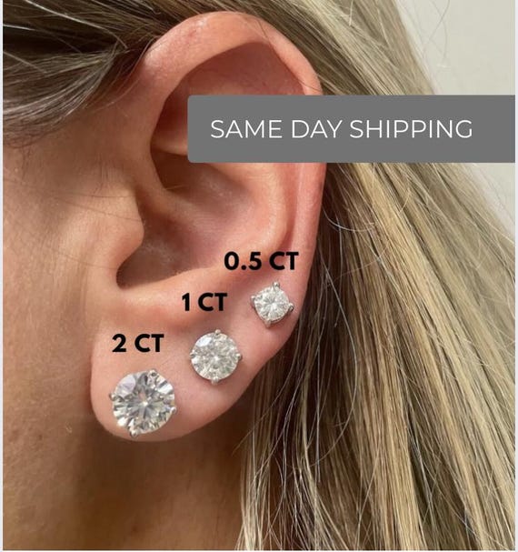 NEW AND IMPROVED. Moissanite Solitaire Stud Earrings that lay flat on the ear.  Martini setting moissanite round studs