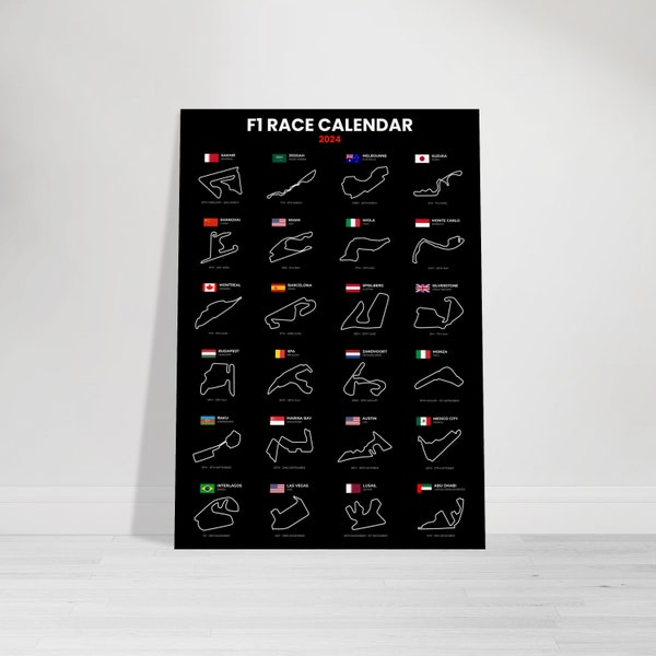 F1 2024 racekalender kunst aan de muur | Affiche | Zwart ontwerp | Cadeau idee