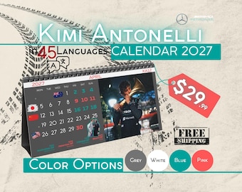 May include: A 2027 desk calendar featuring Kimi Antonelli, with a spiral-bound design showing the month of April. The calendar displays a grid of dates, a photograph of a driver, and the text Kimi Antonelli in 45 Languages Calendar 2027.