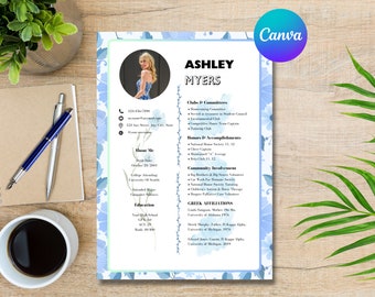 Blue FLORAL Sorority Resume Template Canva | Sorority Rush Resume and Cover Letter | Printable Sorority CV Template | Sorority Packet