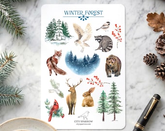 Winter Forest Sticker Sheet, Woodland Animals Stickers for Journaling and Scrapbooking