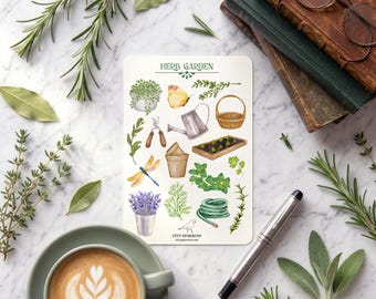 May include: A decorative card with the words "HERB GARDEN" features illustrations of gardening tools, herbs, and a butterfly. A cup of coffee with latte art, a pen, and books are also in the image.