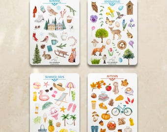 May include: Four sticker sheets featuring watercolor illustrations organized by season: Winter with snowy scenes and wildlife, Springtime with flowers and animals, Summer Days with beach items, and Autumn with foliage, pumpkins, and cozy accessories.