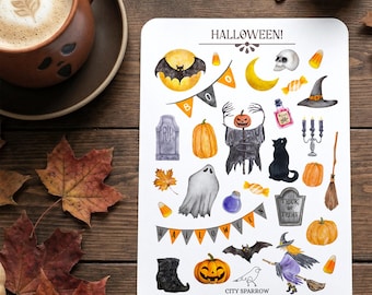 Halloween Sticker Sheet, Bujo Stickers, Spooky Stickers for Planners, Journals, Scrapbooking and Stationery