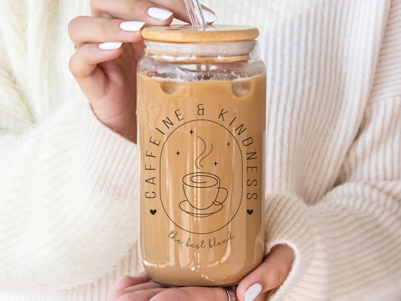 Glass Iced Coffee Cup With Lid and Straw, Caffeine & Kindness Design - Etsy