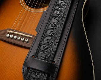 Handmade Skull Leather Guitar Strap Full Grain Leather Rocker Guitar Strap Biker Guitar Strap Heavy Duty Adjustable Strap Gothic Music Gift