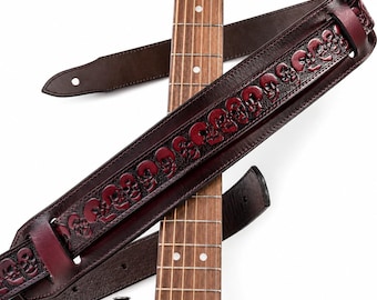 Correa de guitarra de cuero con calavera hecha a mano: correa de balancín gruesa y resistente de grano completo
