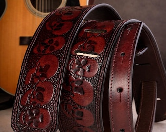 Correa de guitarra de cuero con calavera hecha a mano: correa de balancín gruesa y resistente de grano completo