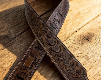 Correa de guitarra de cuero con flores talladas a mano – Estilo occidental de grano completo, 2,75" de ancho, resistente