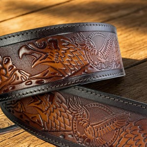 Handcrafted Eagle Tooled Leather Guitar Strap – Western Carved Full-Grain Leather Strap