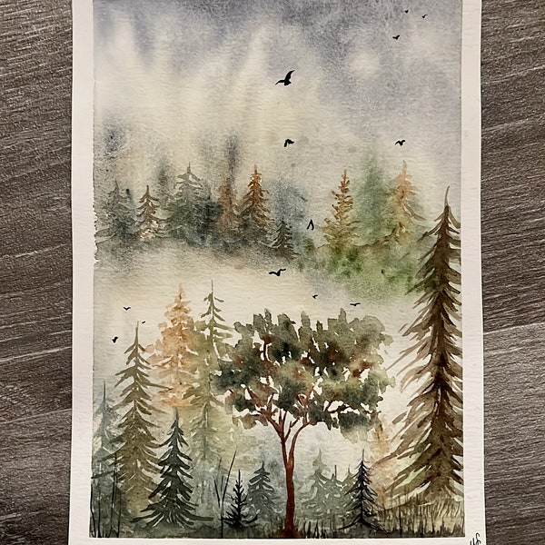 Aquarellgemälde Wald im Nebel