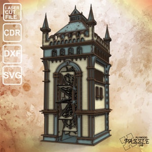 May include: A detailed laser cut model of a medieval tower with a working winch. The tower is made of plywood and has a light brown color with blue accents. The model is designed to be assembled and is a great project for hobbyists.