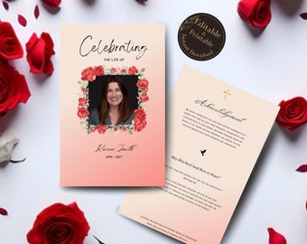 Red Roses Funeral Program Template for Mom Editable Obituary Celebration of Life Printable