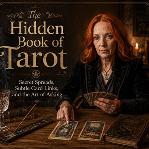 May include: A book cover titled The Hidden Book of Tarot: Secret Spreads, Subtle Card Links, and the Art of Asking. It features a person with red hair at a wooden table with tarot cards, a book titled The Book of Shadows, candles, and incense.