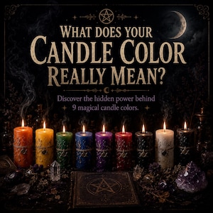 Op de afbeelding: Negen brandende stompkaarsen in oranje, geel, groen, blauw, paars, rood, zwart, wit en donkergrijs, elk met een metalen bedel. De tekst luidt: WHAT DOES YOUR CANDLE COLOR REALLY MEAN? Discover the hidden power behind 9 magical candle colors.