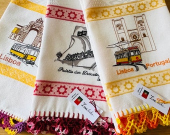 Embroidered Portuguese Kitchen Towel: Handmade Crochet Lace, Portugal Monuments