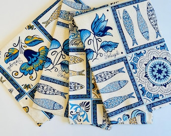 Portuguese Tile Kitchen Towel: 100% Cotton, Blue & Yellow Azulejo Design