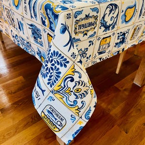 Portuguese Tile Square Tablecloth: Granite Cotton, Folklore Design (46x46 in)