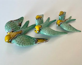 Hand-Painted Ceramic Swallows: Portuguese Green Water Birds, Set of 3