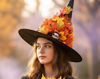 Spooky Autumn Witch Hat, Decorated Halloween Wizard Hat with Autumn Leaves, Skull, Eyeball, Spider & Snake Costume Accessory