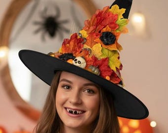 Spooky Autumn Witch Hat, Decorated Halloween Wizard Hat with Autumn Leaves, Skull, Eyeball, Spider & Snake Costume Accessory