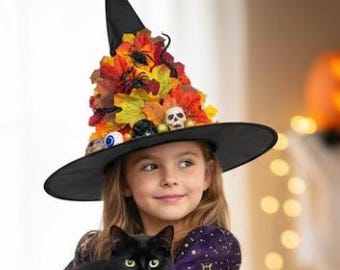 Spooky Autumn Witch Hat, Decorated Halloween Wizard Hat with Autumn Leaves, Skull, Eyeball, Spider & Snake Costume Accessory