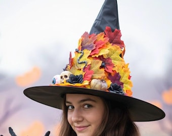 Spooky Autumn Witch Hat, Decorated Halloween Wizard Hat with Autumn Leaves, Skull, Eyeball, Spider & Snake Costume Accessory