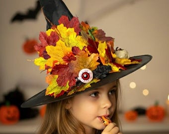 Spooky Autumn Witch Hat, Decorated Halloween Wizard Hat with Autumn Leaves, Skull, Eyeball, Spider & Snake Costume Accessory