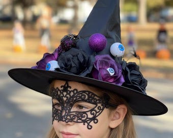 Spooky Autumn Witch Hat, Decorated Halloween Wizard Hat with Autumn Leaves, Skull, Eyeball, Spider & Snake Costume Accessory