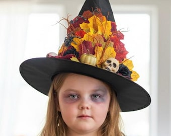 Spooky Autumn Witch Hat, Decorated Halloween Wizard Hat with Autumn Leaves, Skull, Eyeball, Spider & Snake Costume Accessory