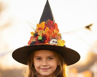 Spooky Autumn Witch Hat, Decorated Halloween Wizard Hat with Autumn Leaves, Skull, Eyeball, Spider & Snake Costume Accessory