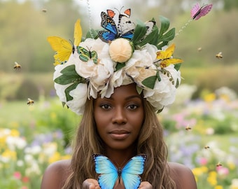 3D Butterfly Flower Crown, Oversized Floral Headpiece, Cottagecore Hair Wreath, Festival Wear