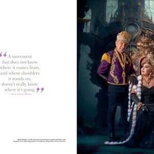 May include: A couple dressed in regal attire, the woman wearing a black gown with a white fur trim and a crown, the man wearing a purple and gold jacket with a crown. They are standing in front of a large, ornate throne.