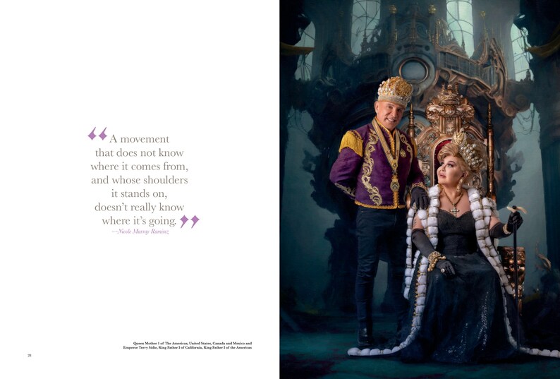 May include: A couple dressed in regal attire, the woman wearing a black gown with a white fur trim and a crown, the man wearing a purple and gold jacket with a crown. They are standing in front of a large, ornate throne.
