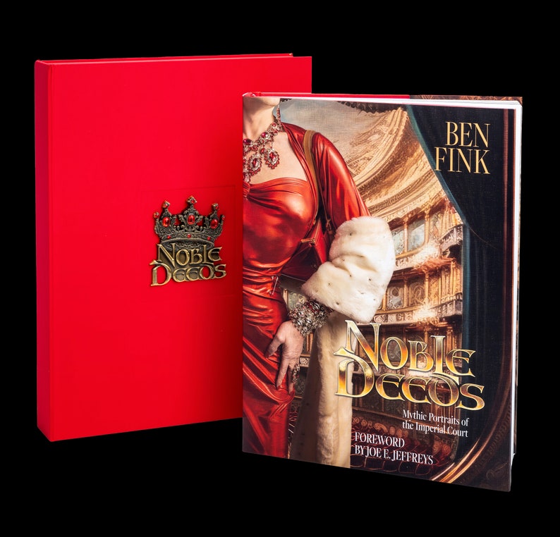 May include: A red hardcover book titled "Noble Decos: Mythic Portraits of the Imperial Court" by Ben Fink with a foreword by Joe E. Jeffreys. The book cover features a woman in a red dress and a white fur stole.