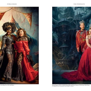 May include: Two people dressed in elaborate costumes stand in front of a circus tent. The person on the left is wearing a black leather outfit with a long black cape. The person on the right is wearing a red dress with a black lace overlay. The background is a colorful circus tent with flags.