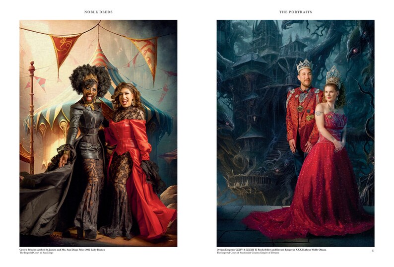 May include: Two people dressed in elaborate costumes stand in front of a circus tent. The person on the left is wearing a black leather outfit with a long black cape. The person on the right is wearing a red dress with a black lace overlay. The background is a colorful circus tent with flags.