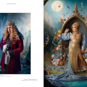 May include: Two portraits of people in elaborate costumes, one in a red coat and a crown, the other in a gold gown and a crown, both standing in front of fantastical backgrounds.