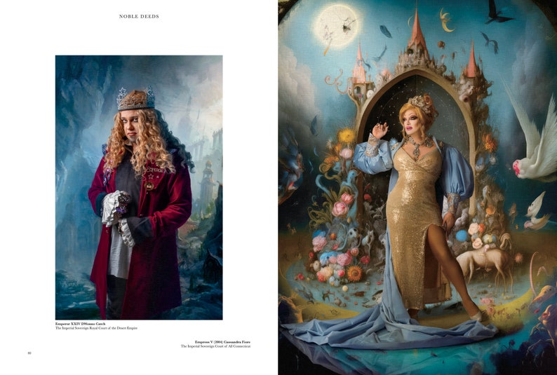 May include: Two portraits of people in elaborate costumes, one in a red coat and a crown, the other in a gold gown and a crown, both standing in front of fantastical backgrounds.